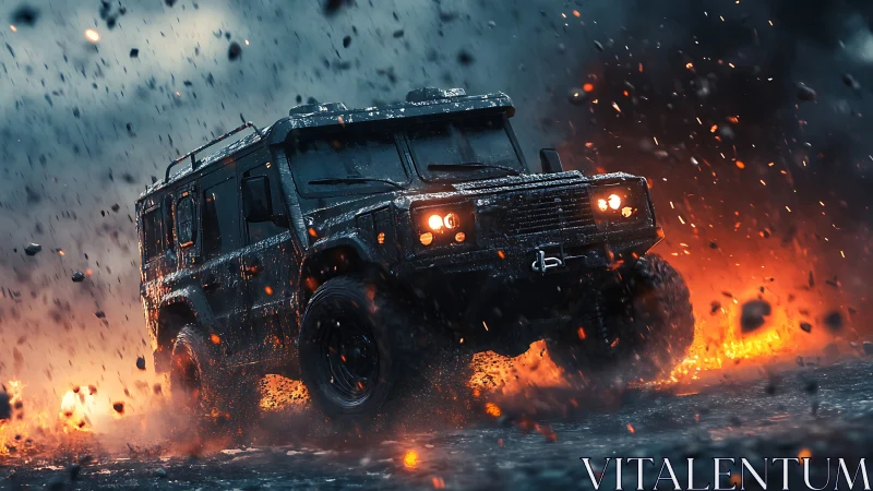 Armored off-road truck storms through fiery apocalyptic terrain