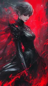 Crimson storm warlord in obsidian armor of living night.