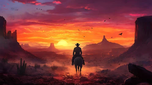 Lone cowboy rides toward a blazing desert sunset horizon.