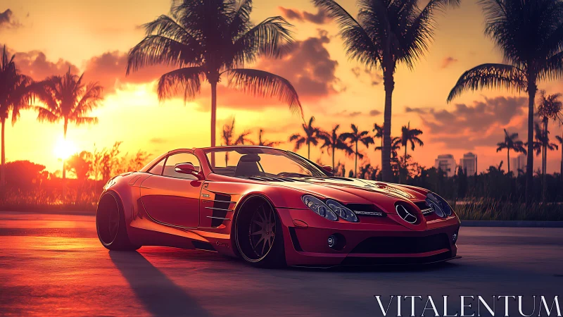 Red supercar glows against a tropical sunset city boulevard