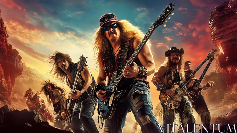 Rock band with electric guitars performs in desert canyon landscape