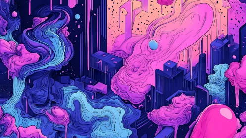 Neon cosmic cityscape with fluid magenta and cyan clouds.