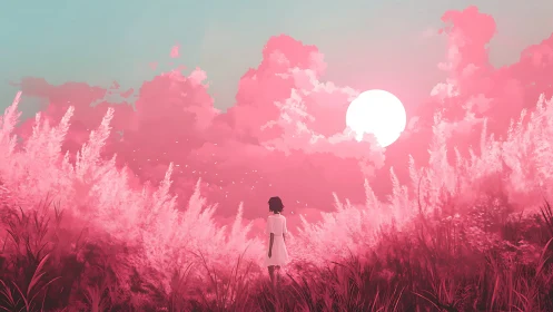 Girl in pink field watching bright sun over clouds.