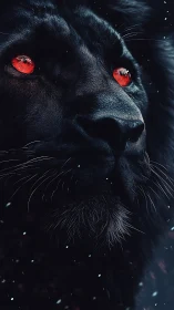 Close-up portrait of black panther with red eyes in snow.