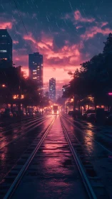 Rain soaked tram tracks under magenta dusk city skyline