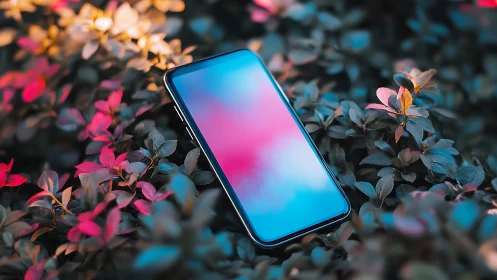 Smartphone among pink and blue foliage in natural light.
