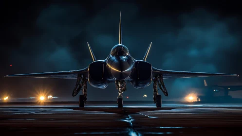 Sleek fighter jet poised on runway under dramatic night sky.