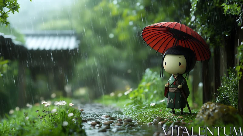 Tiny samurai strolls through emerald rain with paper moon