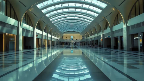 Symmetrical airport concourse under arched skylight with reflective floor