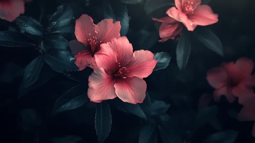 Pink Hibiscus Blooms in Moody Garden Light.