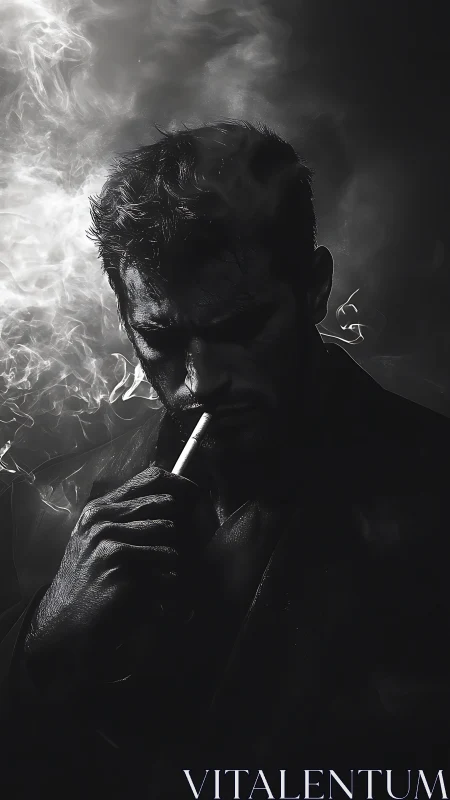 Male smoker in low key monochrome portrait with smoke.