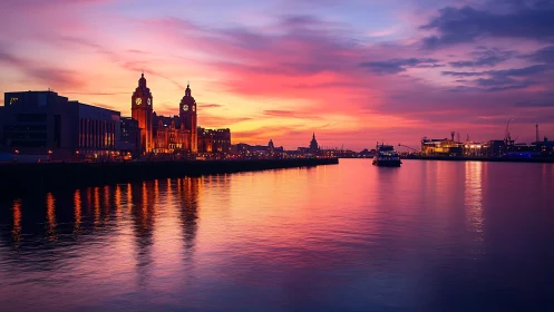 Harbor sunset glow over quiet city clocks and calm water.