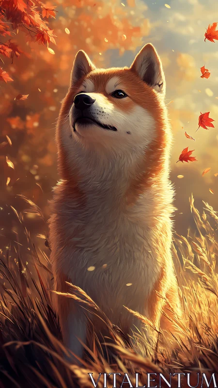 Shiba inu in tall grass under falling autumn leaves.