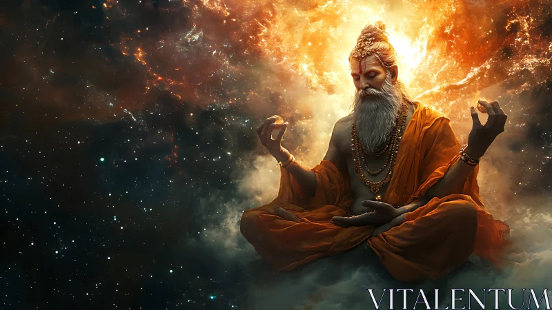 Celestial sage meditates in a blazing cosmic sunrise of stars