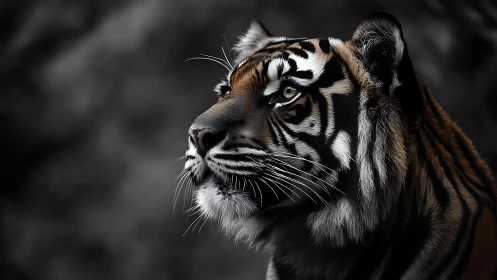 Midnight monarch tiger gazes into storm-silent distance.