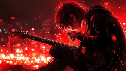 Guitarist sits in red city glow holding electric guitar