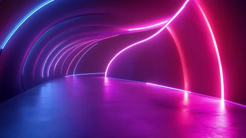 Curved neon tunnel glows with blue and magenta light bands