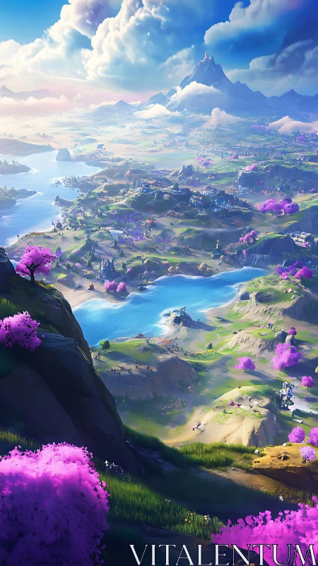 Expansive stylized valley panorama renders luminous spring terrain