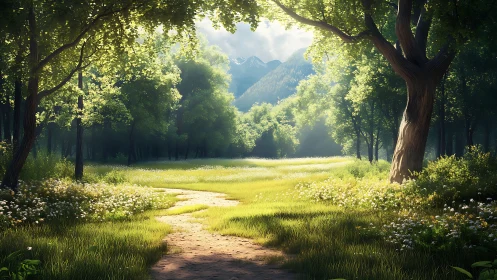 Sunlit Forest Path with Wildflowers in a Realistic Art Style.