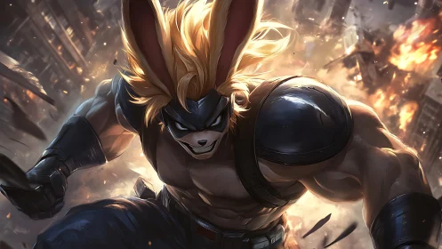 Musclebound rabbit hero storms a burning steel cityscape