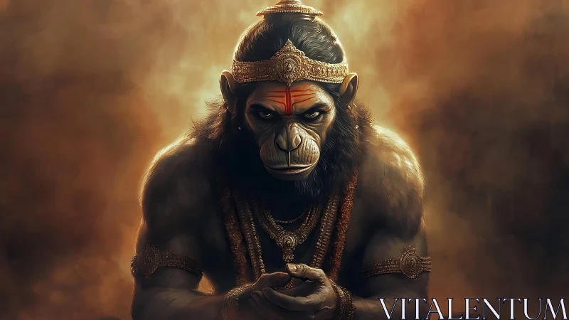 Mythic simian warrior deity in ornate crown, frontal pose