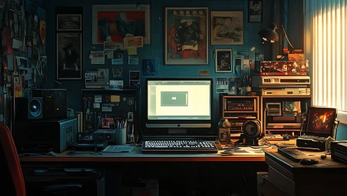 Computer workstation occupies cluttered studio desk at night