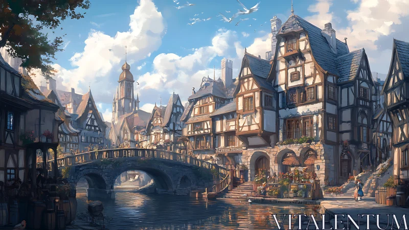 Medieval canal town with bridge and timbered houses.