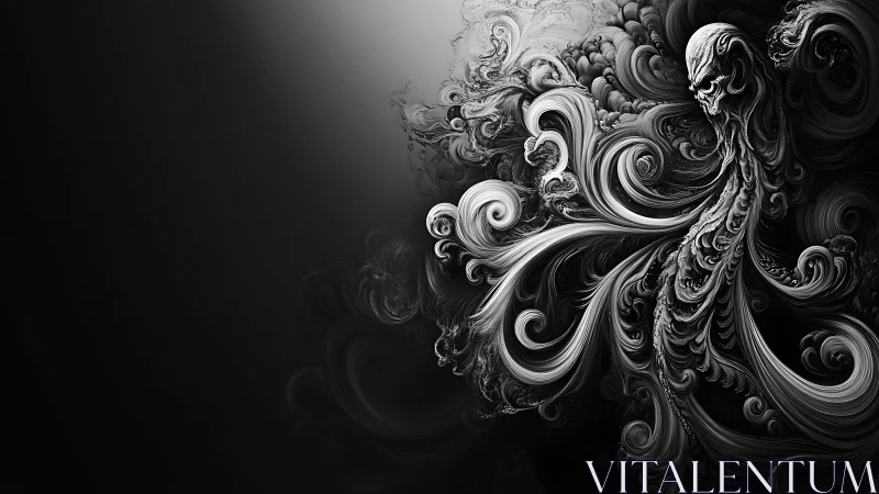 Whorled smoke wraith unraveling into baroque midnight swirls.