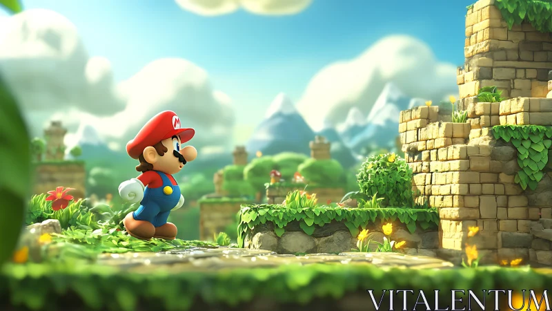 Sunny Mario stroll explores a lush, whimsical stone ruin