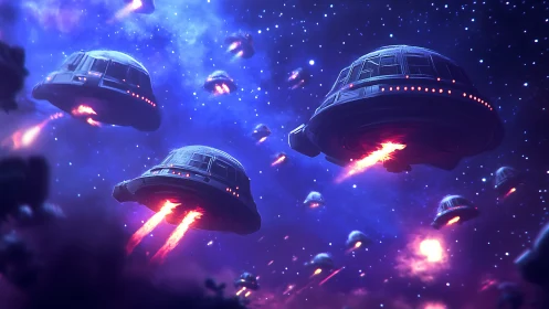 Orbital saucer armada with plasma propulsion in deep nebula field.