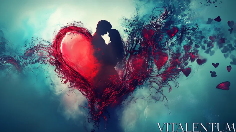 Silhouetted Couple Embracing Within Luminous Red Heart.