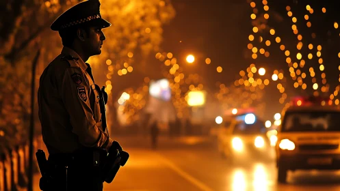 Night street police patrol with defocused festive city lights