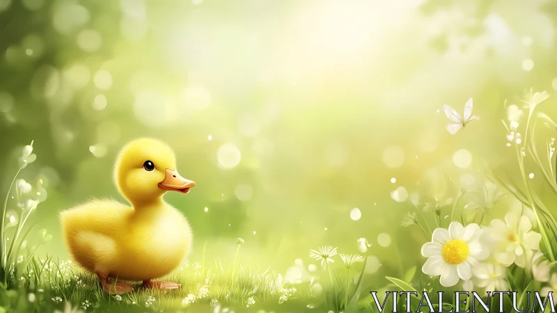 Yellow duckling sits in sunlit meadow beside daisies