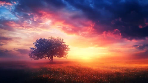 Solitary tree anchors vivid sunrise over misty wildflower field