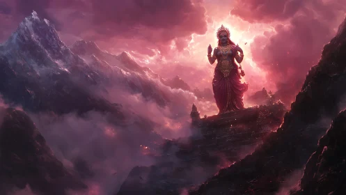 Colossal robed figure stands above mountain temple amid clouds