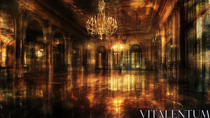 Baroque ballroom interior rendered in glowing abstract light