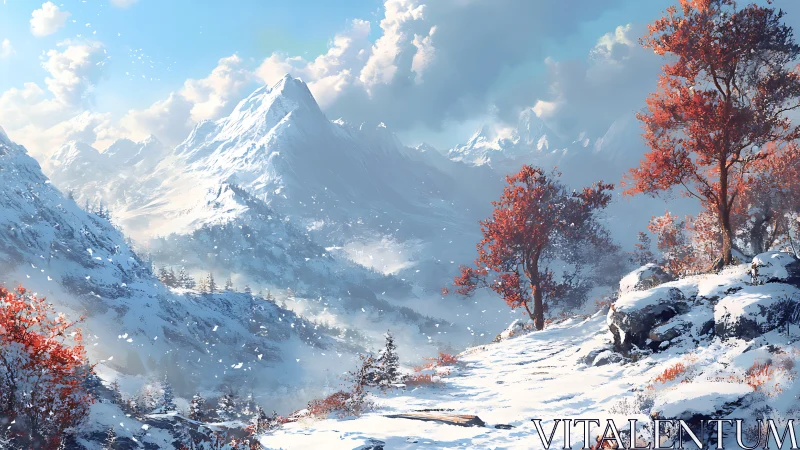 Snow-covered mountain valley with red-leaved trees in foreground.