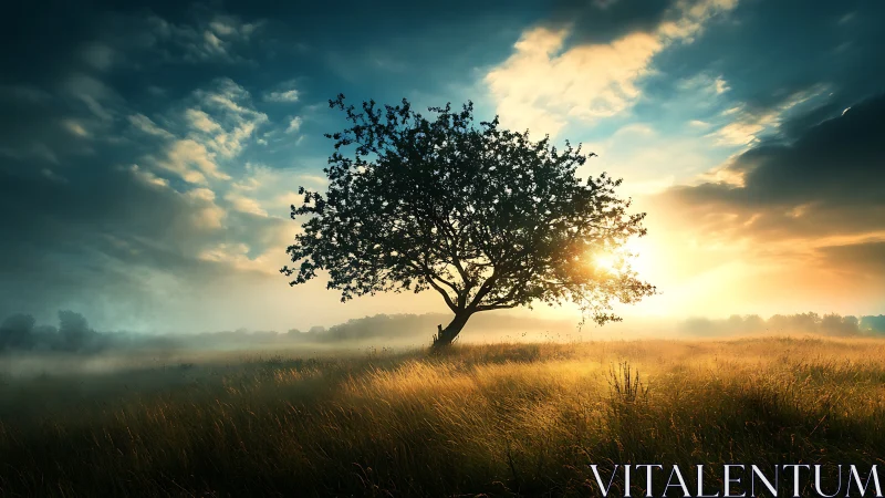 Lone Tree in Misty Field at Sunrise, Dramatic Nature Landscape.