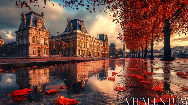 Historic Paris buildings with vivid autumn trees and reflection.