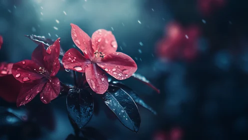 Crimson Blooms in Rain: Raindrop-Covered Flowers Against Teal Backdrop.