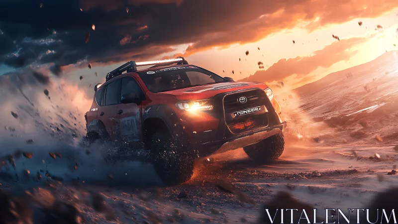 Off-road rally SUV drift under dramatic sunset lighting conditions