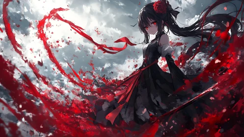 Crimson ribbons whirl around a dark-eyed anime sorceress.