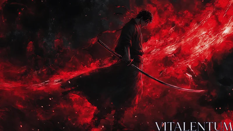 Lone samurai walks through swirling red storm of battle.