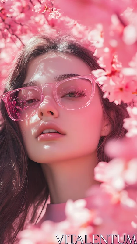 Soft pink portrait framed by dreamy cherry blossoms.
