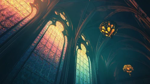 Gothic stained glass nave rendered in luminous digital perspective