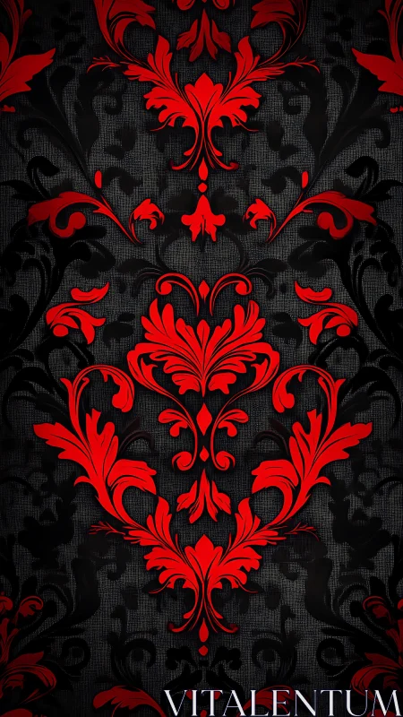 High-contrast red damask floral motif on textured black field