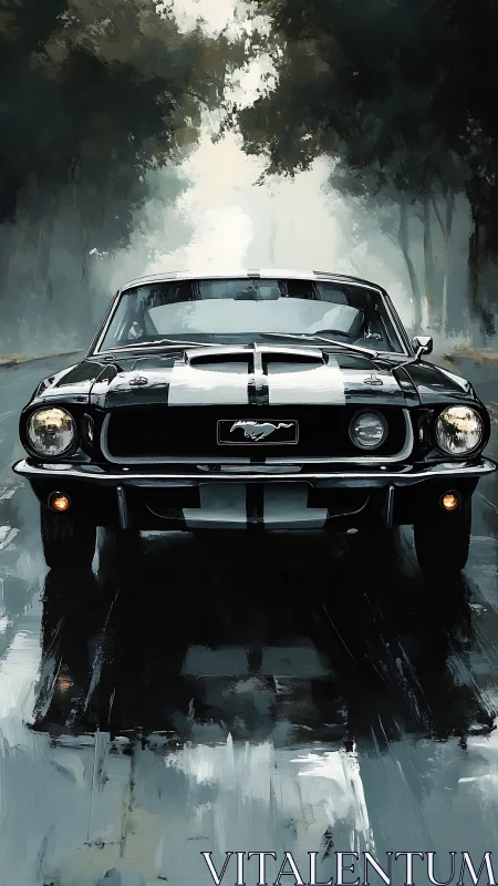 Midnight Mustang prowls a misty forest road in style.