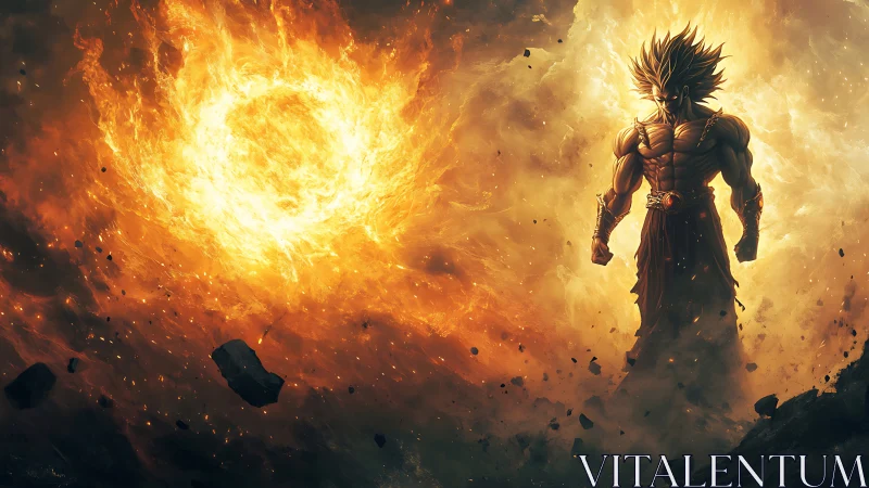 Fire crowned warrior commands cosmic inferno storm.