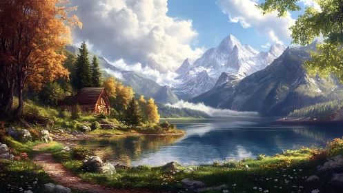 Alpine lakeside cabin under stratified light and cloud dynamics.