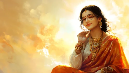 Digital painting of radiant woman in sari with golden halo glow.